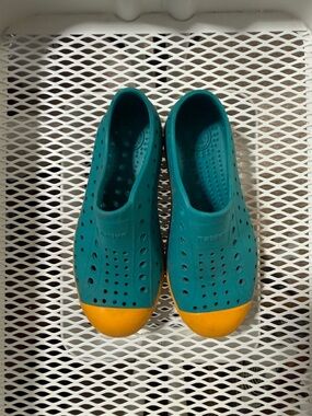Native shoes, teal and orange
